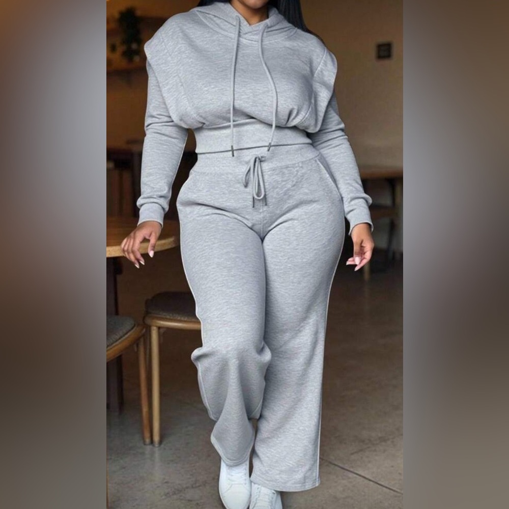 Women's Light Gray Crop Hoodie And Wide Leg Pants 2pc Set Size XL NEW